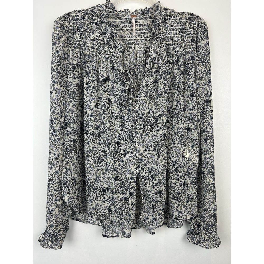 Free People Floral Smocked Blouse Womens Medium Sheer Romantic Milkmaid Feminine